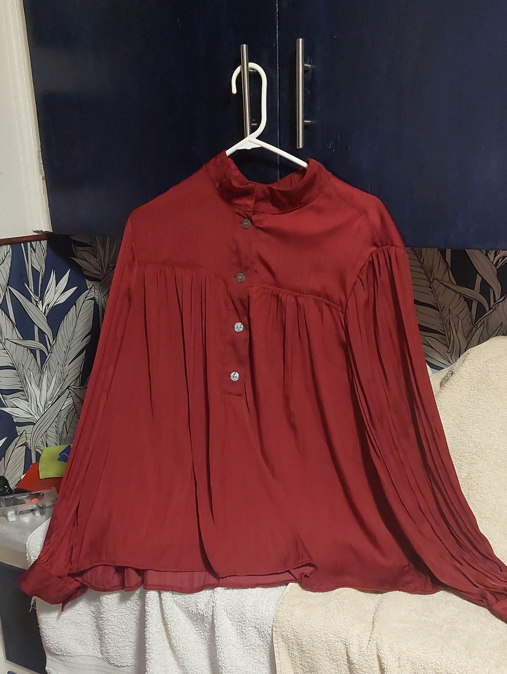 Anthropologie Burgundy Xl Pleated Button-Front Blouse